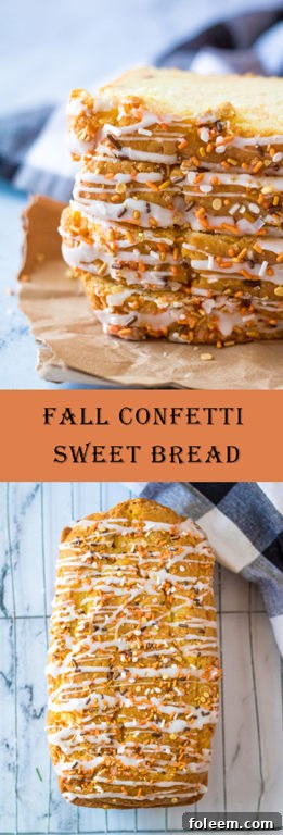 Fall Confetti Sweet Bread sliced, showing its moist crumb and colorful sprinkles.