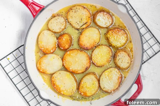Slices of seasoned potatoes arranged in a skillet, ready for the oven