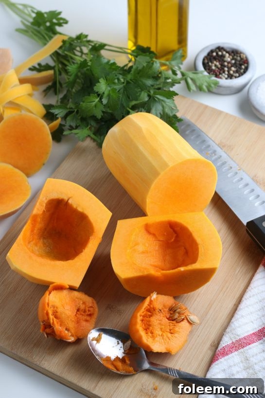 Peeling and slicing the butternut squash for the roasted butternut squash recipe