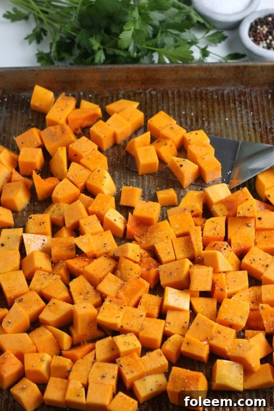 Roasted butternut squash on the pan after baking