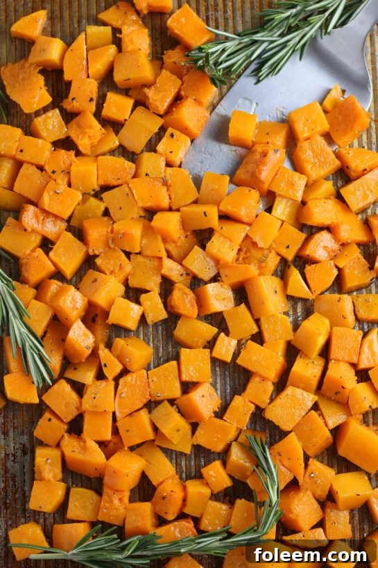 Roasted butternut squash on the pan after baking