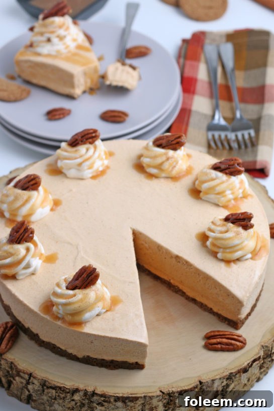 Smooth and creamy No Bake Pumpkin Cheesecake with extra spiced flavor and gingersnap crust. It is a fool proof recipe because it turns out amazing every time! What a perfect Thanksgiving dessert!