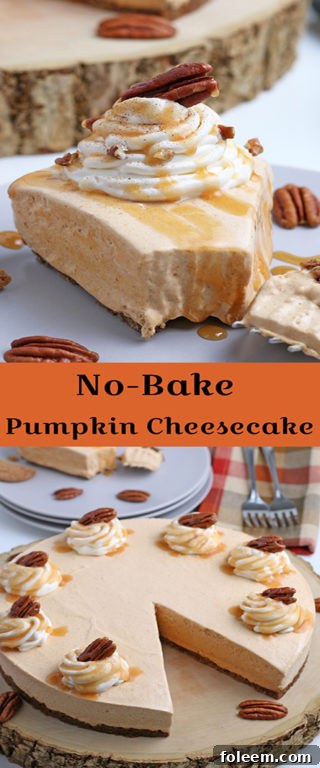 Smooth and creamy No Bake Pumpkin Cheesecake with extra spiced flavor and gingersnap crust. It is a fool proof recipe because it turns out great every time! What a perfect Thanksgiving or Christmas dessert!
