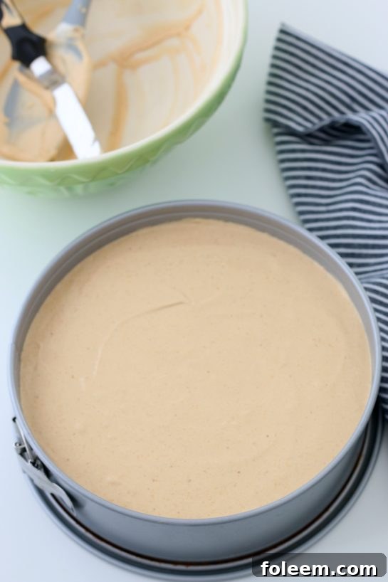 Adding the pumpkin filling for the No Bake Pumpkin Cheesecake recipe