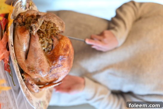 A stunning vertical shot of a classic stuffed turkey, roasted to perfection with golden, crispy skin, symbolizing a traditional holiday feast.
