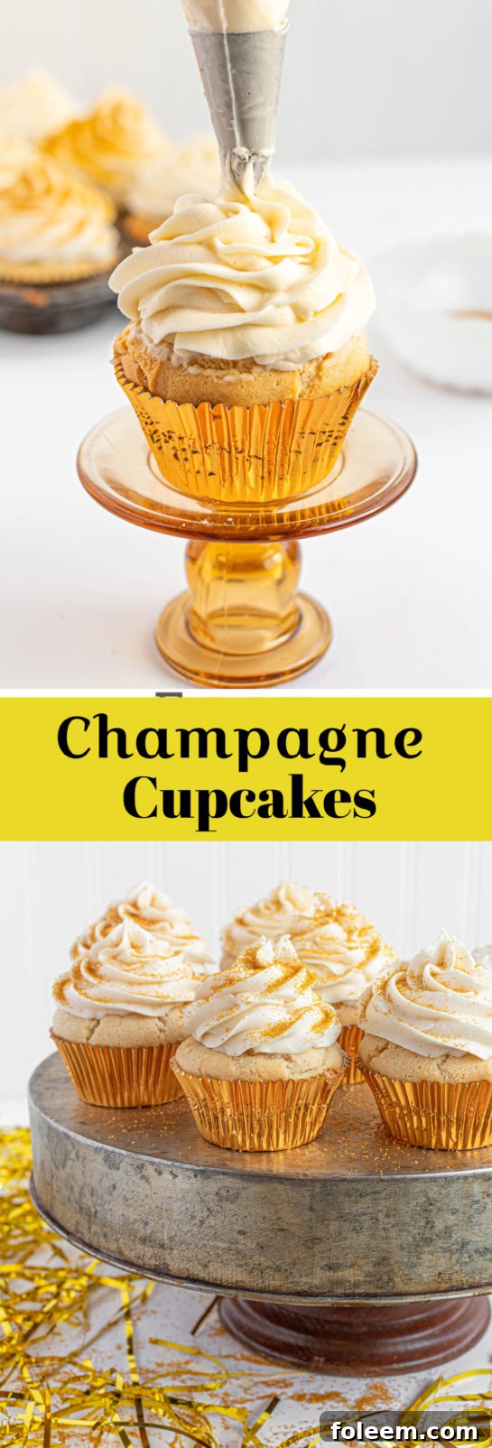 Large image of Celebration Champagne Cupcakes, ideal for birthdays, Mother's Day, bridal showers, or New Year’s Eve, decorated with gold sprinkles.