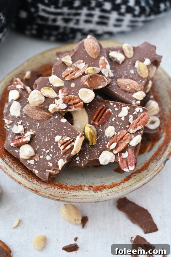Easy 5-ingredient Salted Chocolate Almond Hazelnut Bark, a beautiful, festive dessert perfect as an edible Christmas gift