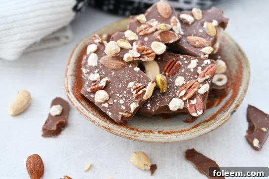 Close-up of the delicious 5-ingredient Salted Chocolate Almond Hazelnut Bark, perfect for holidays and gifts