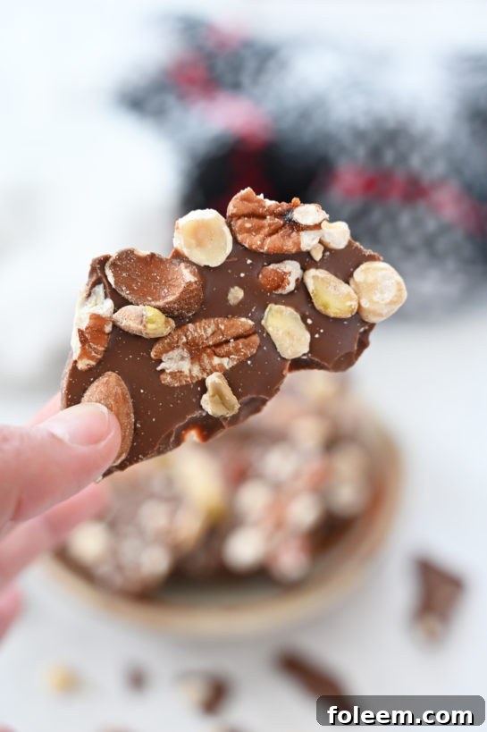 Close-up of salted chocolate almond hazelnut bark showing rich texture and nuts