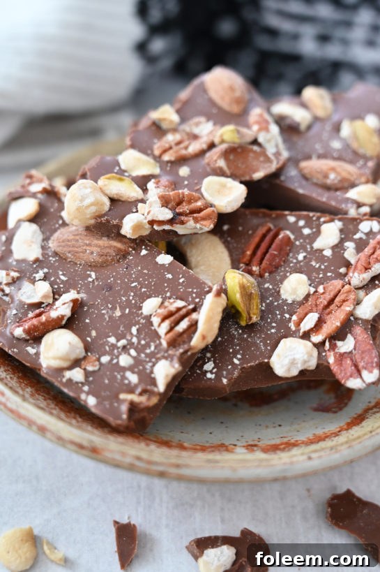 Plated salted chocolate almond hazelnut bark, a delightful homemade gift idea