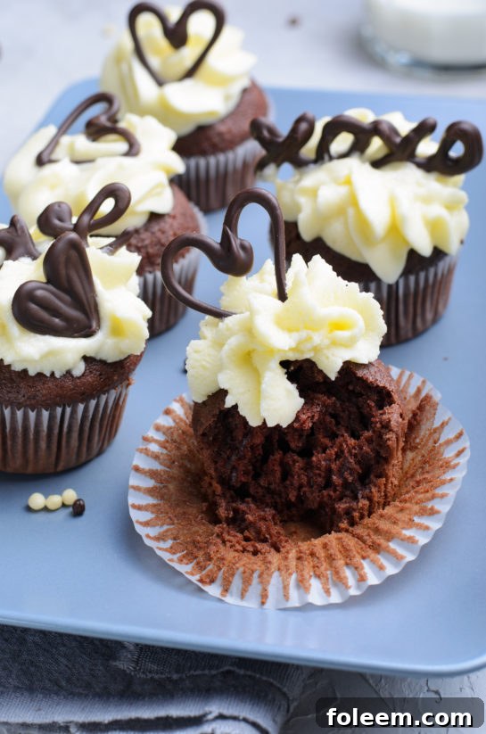 Close-up shot of a festive holiday Valentine's Day Lover's Chocolate Cupcake, perfect for celebrating love.