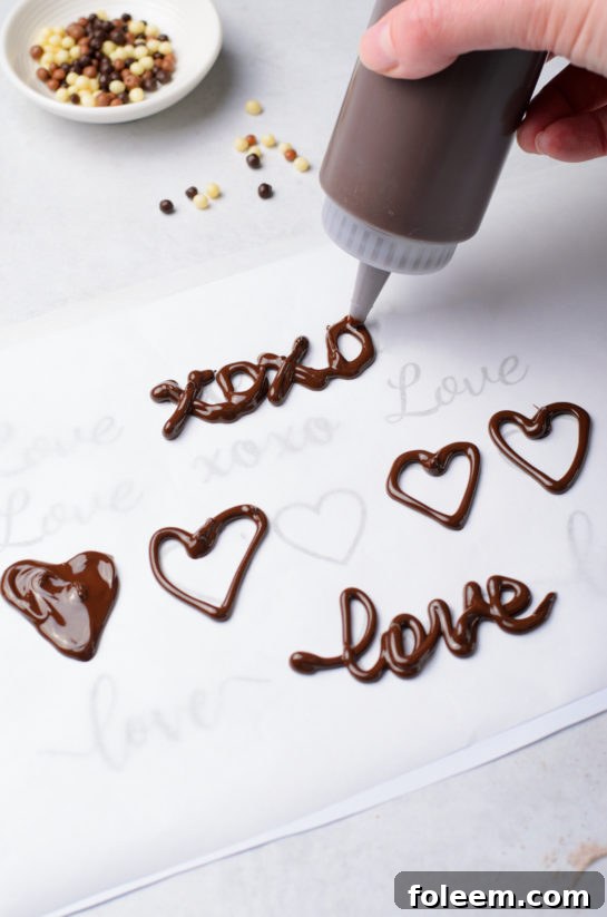 Crafting delicate chocolate words to adorn the Valentine's Day cupcakes, adding a personalized touch.