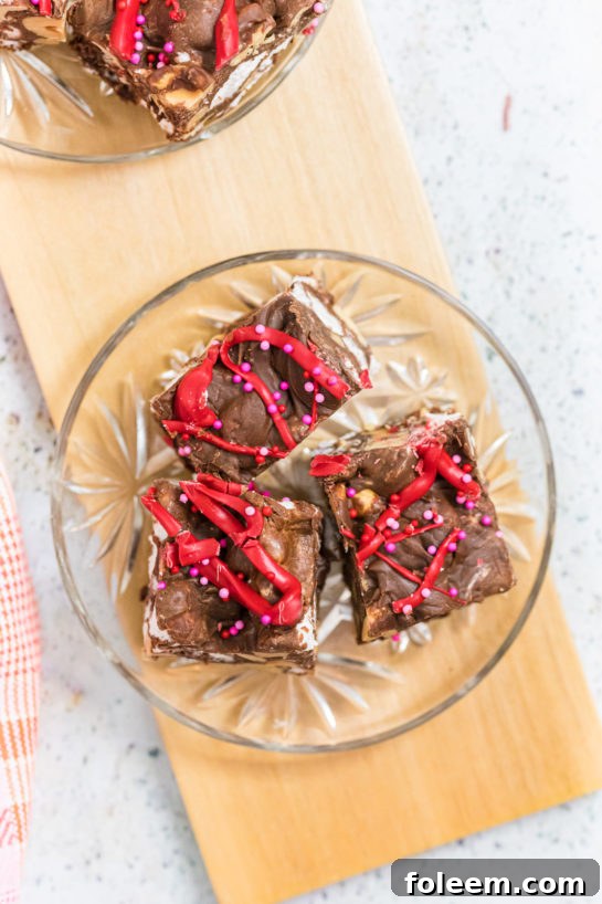 Overheard shot of Best Valentine's Day Rocky Road recipe is a simple, no-bake 5 ingredient dessert and requires mostly ingredients you have in your pantry! It doesn’t get any yummier than this.