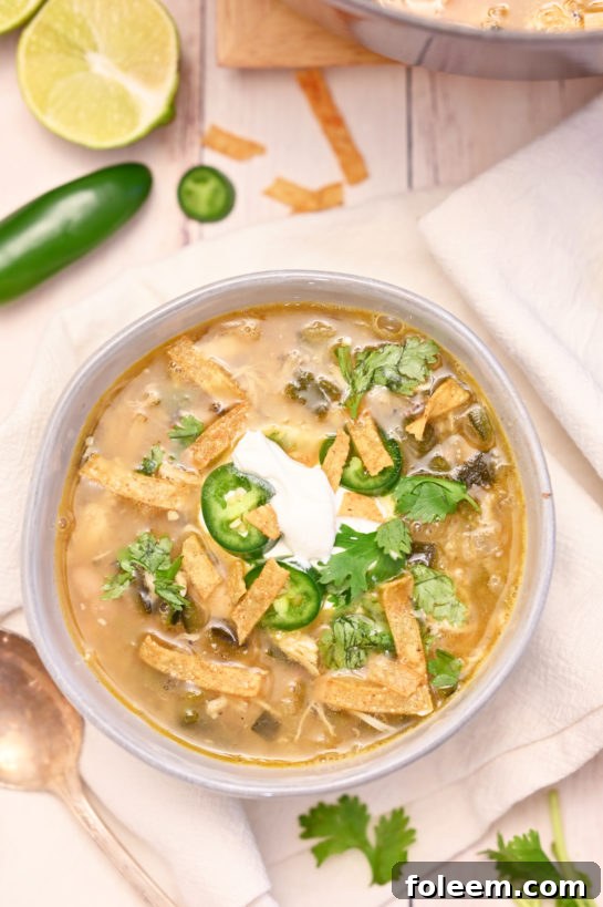 Easy White Chicken Chili recipe, presented in a beautifully styled setting, highlighting its rich texture and appetizing ingredients, ideal for home cooking.