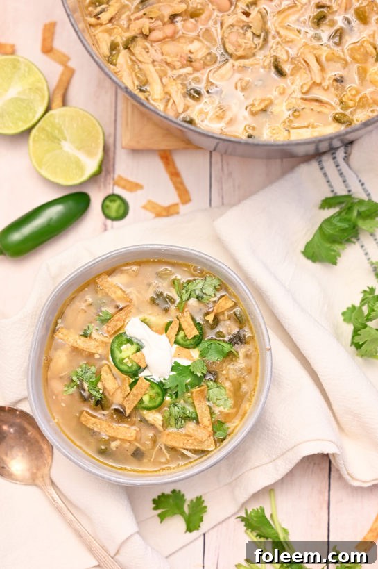 Warm, comforting White Chicken Chili recipe with tender chicken, white beans, and aromatic spices, ready to be topped and served.