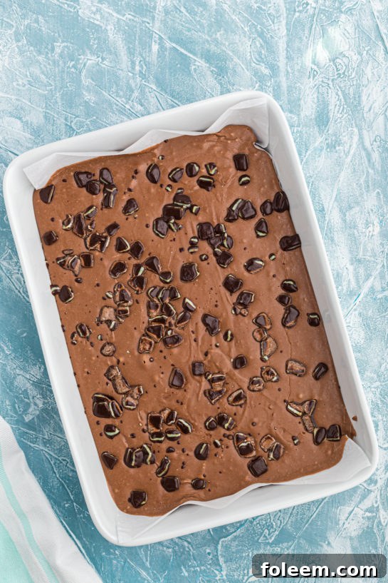 Overhead view of the Andes Mint Fudge setting in a baking pan.