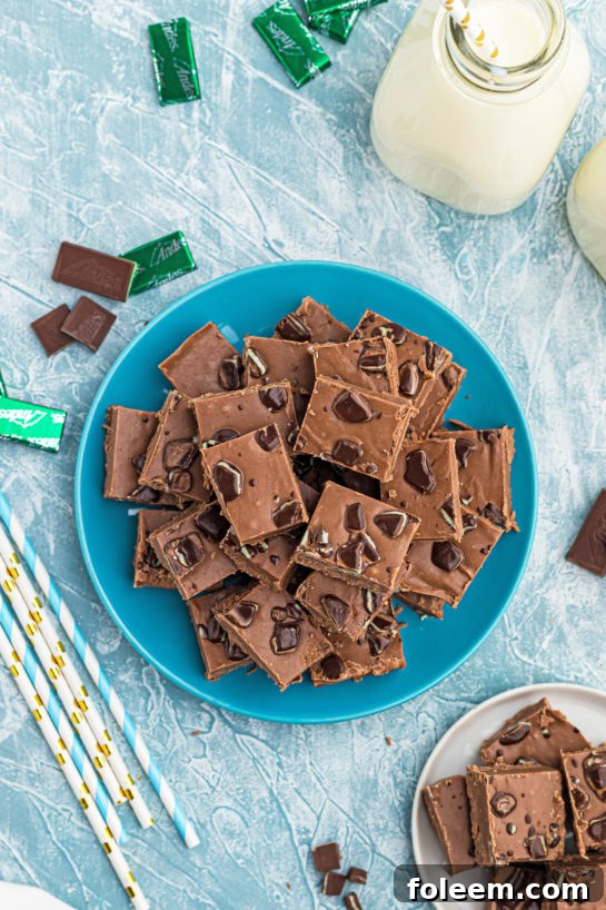 Overhead shot of the Andes Candy Mint Fudge recipe, showing its beautiful texture.