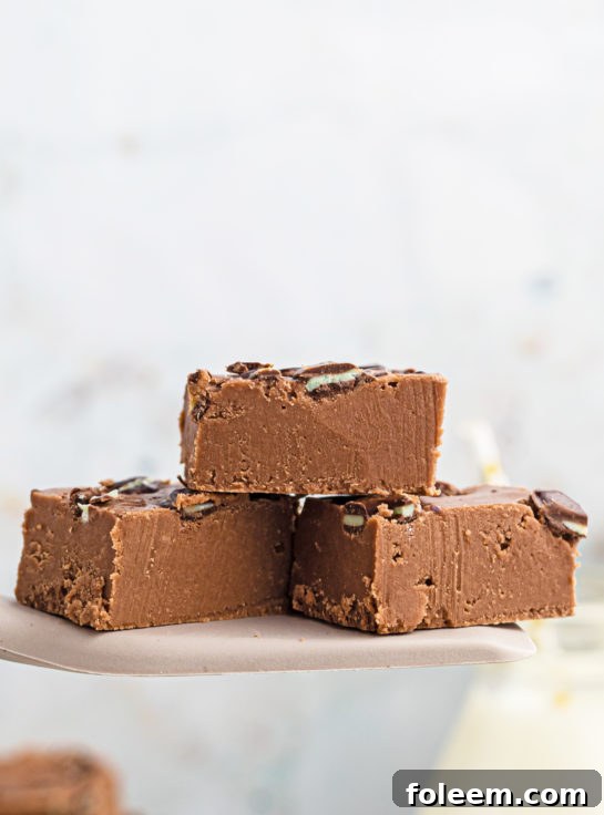 Close-up shot of a perfectly cut square of Andes Candy Mint Fudge.