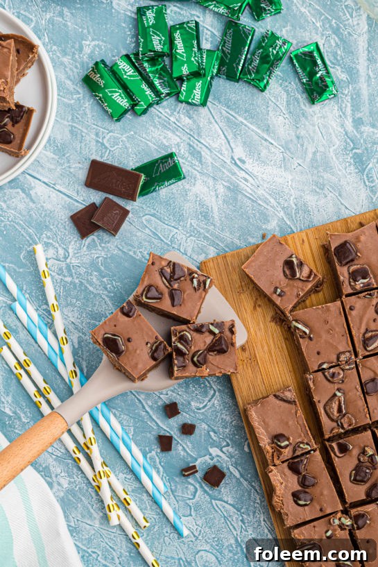 Overhead view of homemade Andes Mint Fudge, fresh out of the pan.