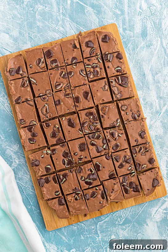 Close-up of Andes Mint Fudge, highlighting its smooth texture and minty green layers.