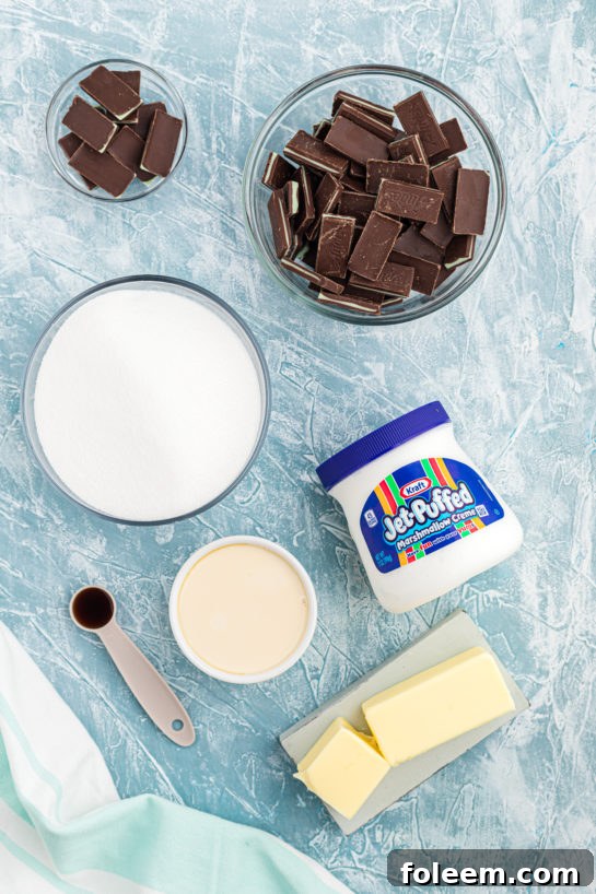 Ingredients laid out for making Andes Mint Chocolate fudge.