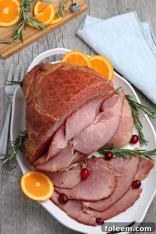 An overhead view of the full glazed spiral ham, beautifully carved into individual slices and presented on a large serving platter.
