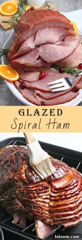 An inviting, high-resolution close-up of a beautifully cooked and glazed spiral ham, sliced and ready to be served as a centerpiece.