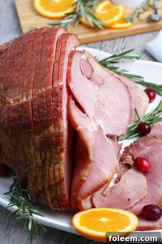 A beautifully plated slice of glazed spiral ham, garnished with fresh herbs, showcasing its juicy texture and glistening glaze.