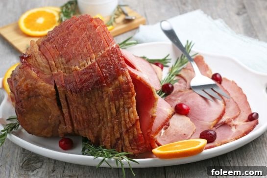 A side shot of a festive holiday table featuring the glazed spiral ham as the centerpiece, surrounded by delicious side dishes.