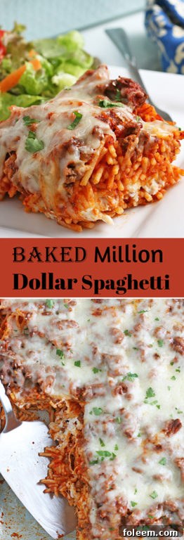 A stunning hero shot of the Baked Million Dollar Spaghetti casserole, freshly baked with a golden-brown crust, ready to be served and cherished by all.