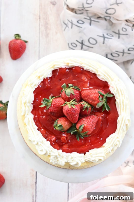 An overhead shot showcasing the magnificent Strawberry Topped New York-Style Cheesecake, perfect for summer gatherings