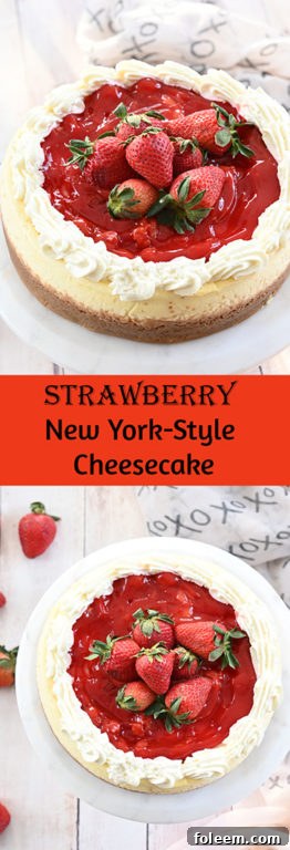 A final close-up of a single slice of Strawberry Topped New York-Style Cheesecake, ready to be enjoyed