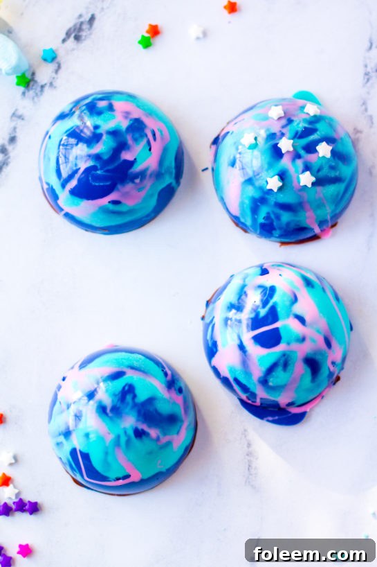 Overhead shot of a finished Galaxy Hot Chocolate Bombs recipe.