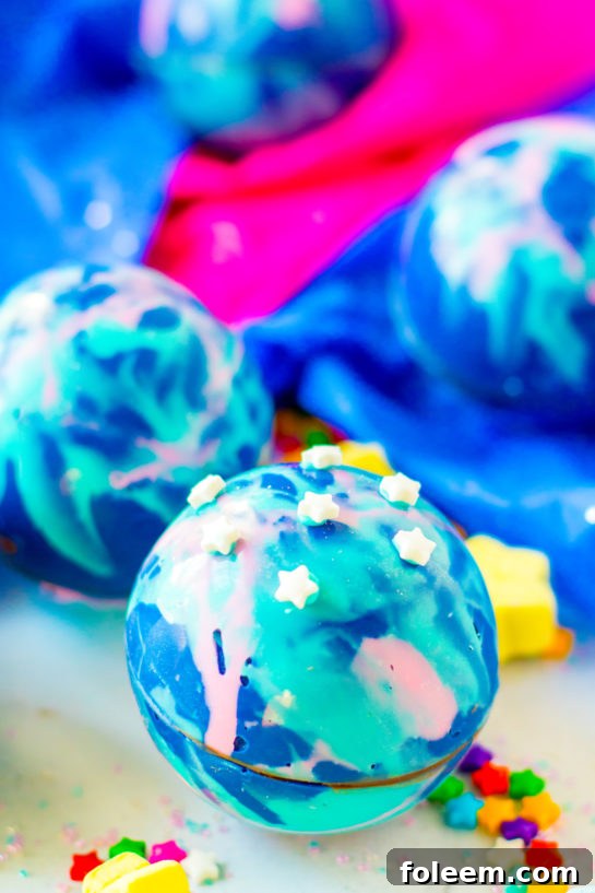 Close-up shot of finished Galaxy Hot Chocolate Bombs.