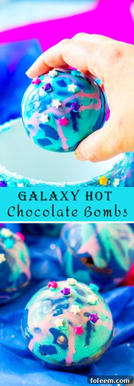 Full shot of a Galaxy Hot Chocolate Bomb, perfect for a kids' birthday party or hot chocolate bar.