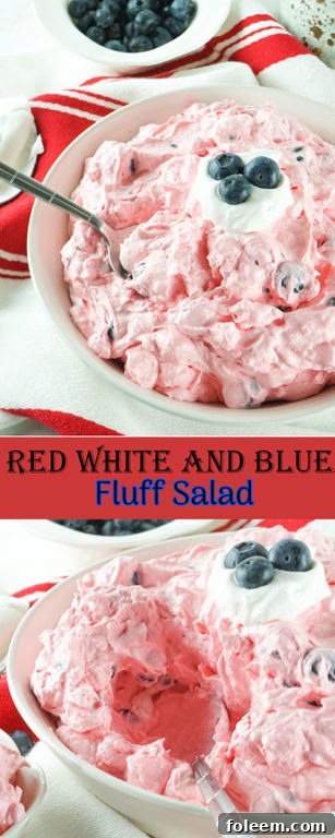 A festive close-up of Red White and Blue Fluff Salad, emphasizing its delicious texture and patriotic colors for any celebration.