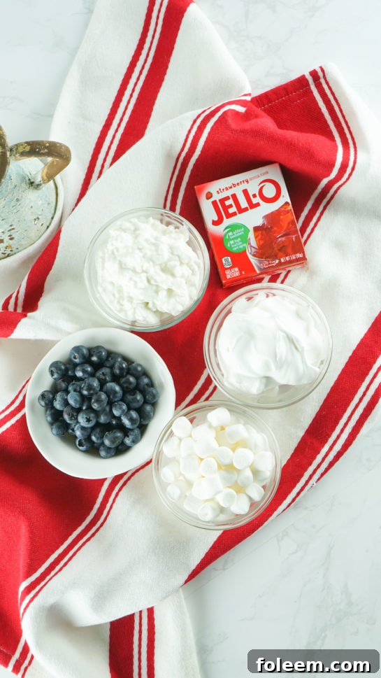All ingredients laid out for making the Red White and Blue Fluff Salad recipe: whipped cream, Jell-O powder, blueberries, marshmallows, and cottage cheese.