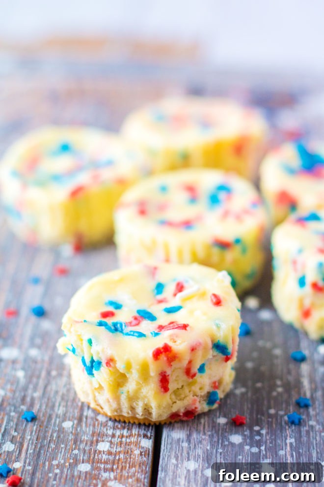 Close up of the Red, White, and Blue Mini Cheesecakes Recipe for Independence Day