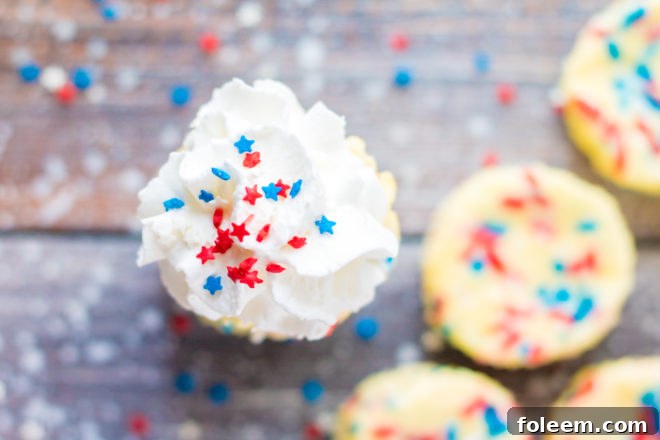 Overhead shot of the Red, White, and Blue Mini Cheesecakes recipe with frosting