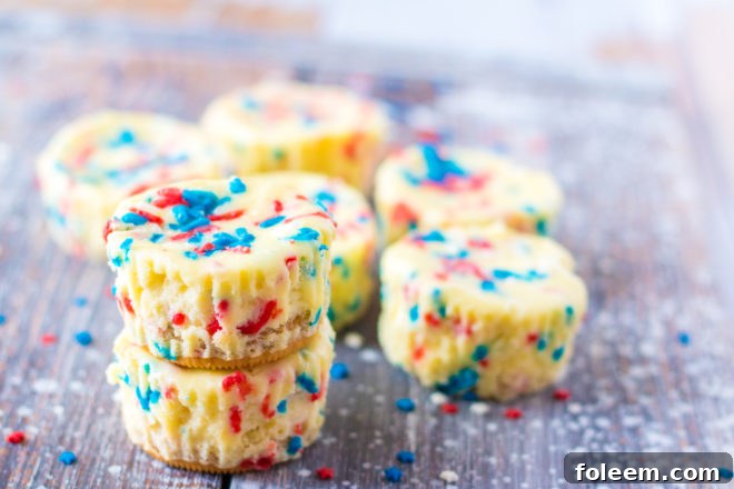 Mini Red, White, and Blue Cheesecakes recipe layered with a Golden Oreo crust and creamy tangy cheesecake. Top with sprinkles and whipped cream for the perfect summer dessert!