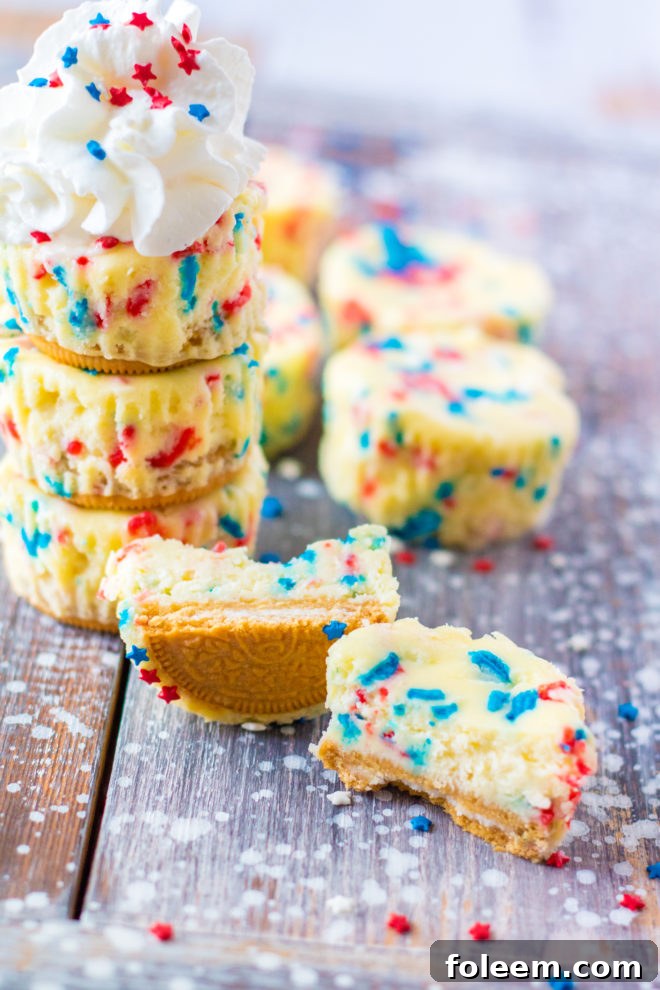 Red, White, and Blue Mini Cheesecakes recipe layered with a Golden Oreo crust and creamy tangy cheesecake. Top with sprinkles and whipped cream for the perfect patriotic dessert for 4th of July!