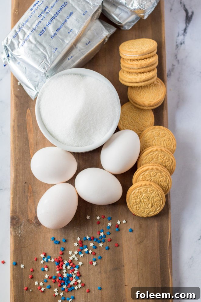 Ingredients needed to make the Red, White, and Blue Mini Cheesecakes Recipe