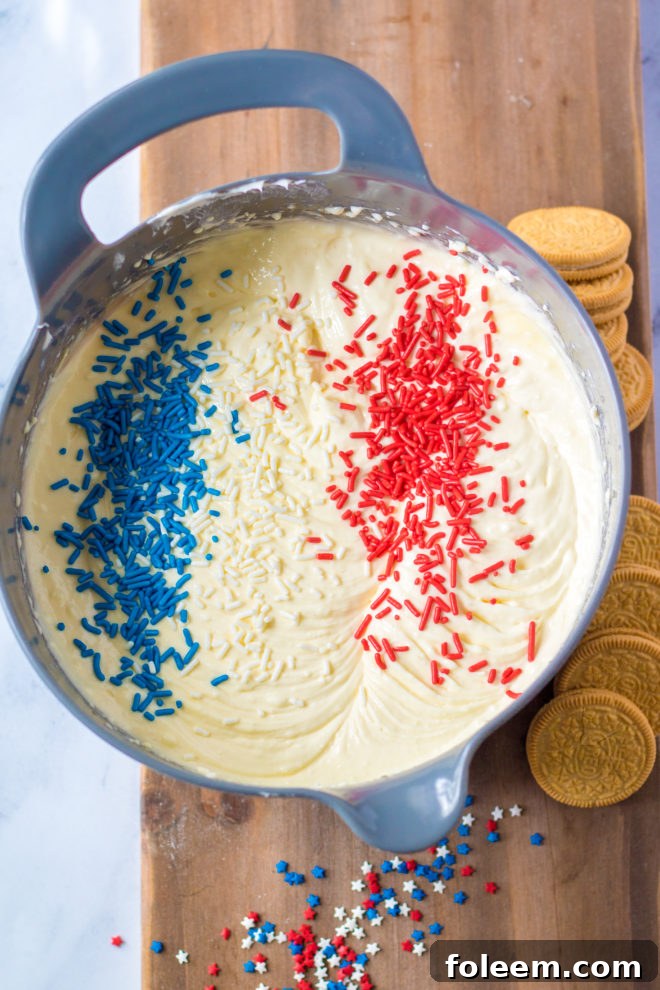 Ingredients being mixed to make the Red, White, and Blue Mini Cheesecakes Recipe