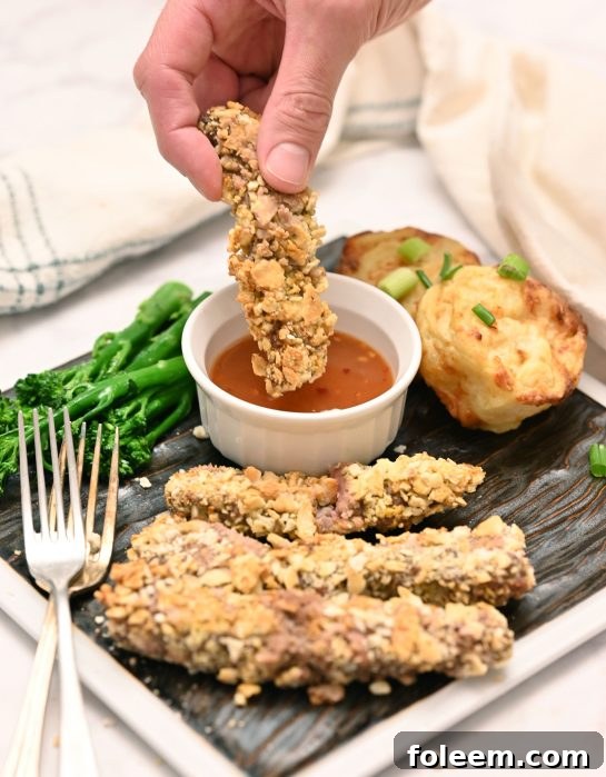 Dipping the golden and crispy deep-fried finger steaks into homemade 'Country Sweet Sauce', showcasing the delicious texture.