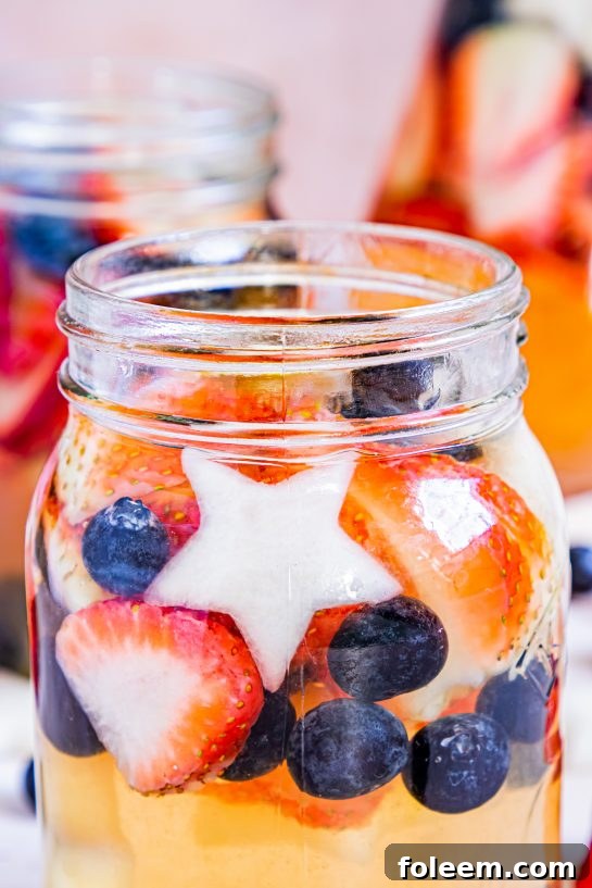 Close-up photo of a glass of Patriotic Sangria recipe ready to serve for the fourth of July
