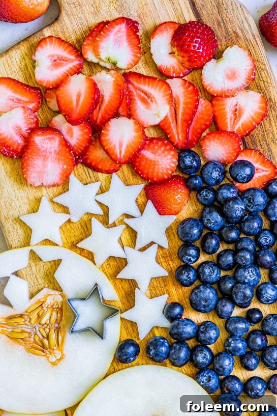 The cut-up fruit and melon stars needed to make my Patriotic Sangria Recipe