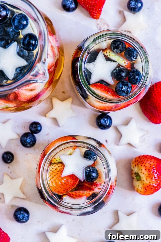 Overhead shot of my Patriotic Sangria recipe ready to serve for the fourth of July