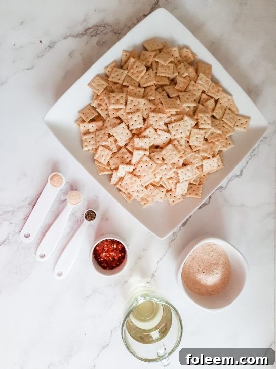 Close-up of ingredients needed for Spicy Alabama Fire Crackers, including crackers, spices, and oil.