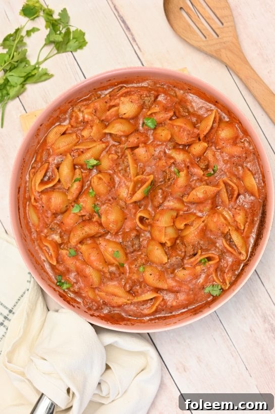 Easy, creamy Beef and Shells is the ultimate creamy pasta recipe! It is incredibly rich, filling, and screams comfort food!