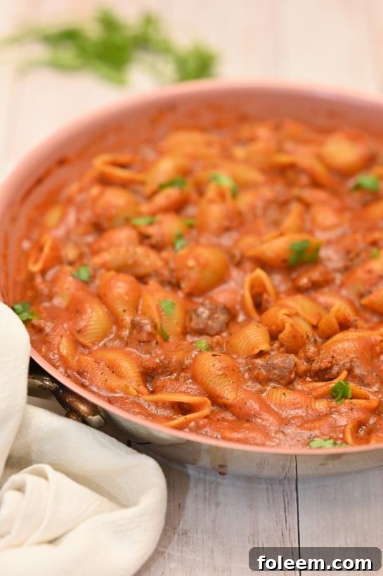 Easy, creamy Beef and Shells is the ultimate creamy pasta recipe! It is incredibly rich, filling, and screams fall/winter comfort food!